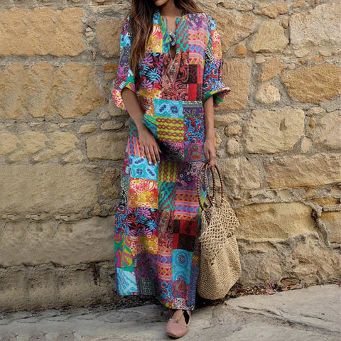 Spring Maxi Long Dress 2023 Women Bohemian Sundress Vintage Floral Printed Party Dress Long Sleeve Robe Femme Vestido