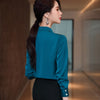 Spring Ribbon Tie Shirt Women Formal Elegant Long Sleeve Blouses Office Ladies Loose Tops Blue Blouas