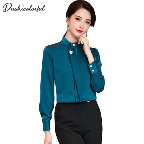 Spring Ribbon Tie Shirt Women Formal Elegant Long Sleeve Blouses Office Ladies Loose Tops Blue Blouas