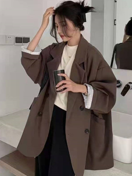 Spring Korean Jacket Female Long-sleeved Loose Casual Oversize Blazer Jacket Brown Beige Black Blazer Jacket