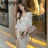 Spring Retro Square Neck Flare Sleeve Patchwork Velvet Split Dress Lady Temperament Slim Waist A Line Elegant Chic Korean