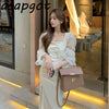 Spring Retro Square Neck Flare Sleeve Patchwork Velvet Split Dress Lady Temperament Slim Waist A Line Elegant Chic Korean