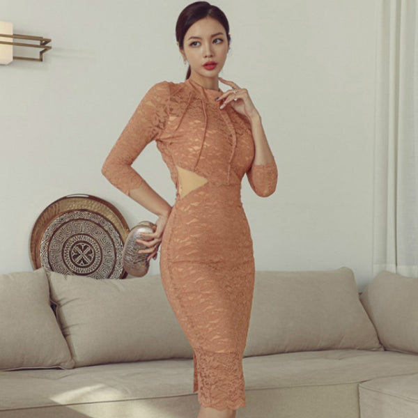 Spring Solid Midi Party Vestidos De Mujer Korean Slim Mid-length Sexy Full Lace Backless Bodycon Dress Women