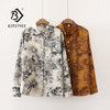 Spring Women Vintage Ink painting Print Chiffon Blouse Full Sleeve Button Up Loose Shirt Autumn Casual BF Style Tops T11612F