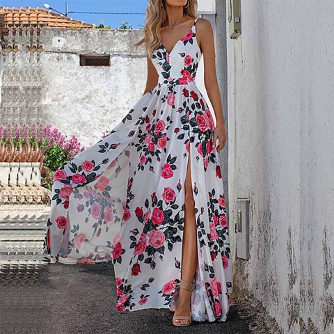 Spring Retro Floral Print Hem A-Line Dress Boho Dress 2023 Women Deep V Neck Long Party Dress Summer Sleeveless Maxi Beach Dress