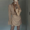 Spring Ruched Shirt Dress Women Bodycon Padded Shoulder  Solid Elegant Party Dress Casual Long Sleeve Dress