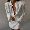 Spring Ruched Shirt Dress Women Bodycon Padded Shoulder  Solid Elegant Party Dress Casual Long Sleeve Dress