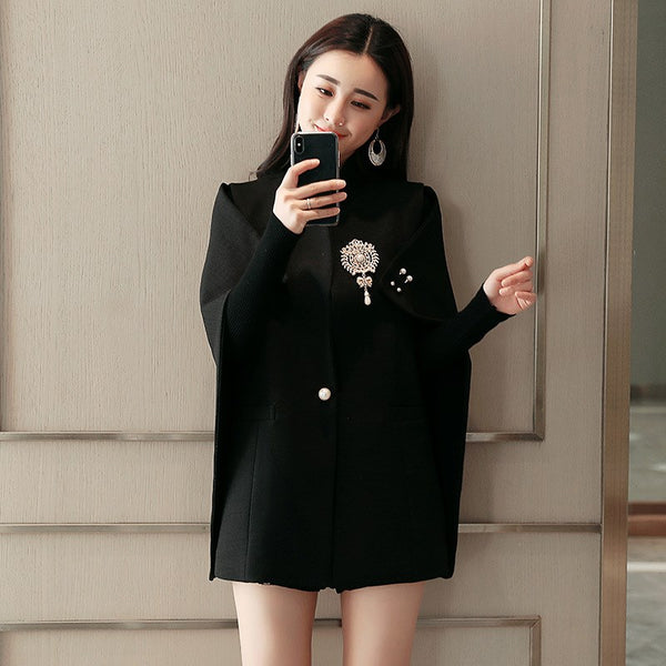 Spring Runway Designer Women Beadinged Diamond Cape Blazer Sexy Black White Ruched Coats