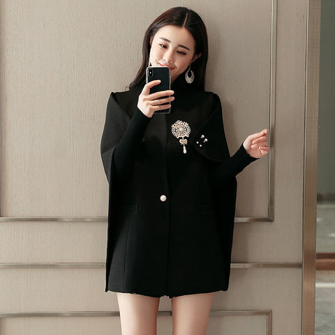 Spring Runway Designer Women Beadinged Diamond Cape Blazer Sexy Black White Ruched Coats