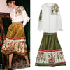 Spring Runway Style Women Long Lantern Sleeve Blouses Vintage Retro Print Shirt Tops And Velvet Spliced Skirt Suits Set NS85