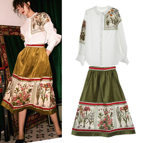 Spring Runway Style Women Long Lantern Sleeve Blouses Vintage Retro Print Shirt Tops And Velvet Spliced Skirt Suits Set NS85