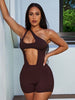 Spring Sexy 2 Piece Tracksuit Set Women Bikini Sleeveless Hollow Bodysuit Top+Biker Shorts Skinny Stretch Sweatsuits Outfits2023