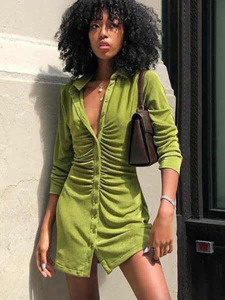 Spring Slim Shirt Dresses Women Green Party Dress Sexy Mini Dress Turn-Down Collar Button Streetwear Ladies Short Dresses