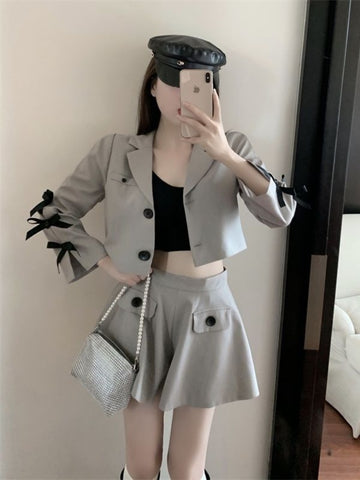 Spring Slimming Suit Fashionable Bow Suit Jacket+high Waist A Word Wide Leg Shorts skirts suit Two-piece Women