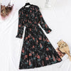 Spring Stand Collar Floral Print Women Dress Lace Up Female Pleated Dress Summer Party Midi Chiffon Vestidos femme 2022