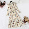 Spring Stand Collar Floral Print Women Dress Lace Up Female Pleated Dress Summer Party Midi Chiffon Vestidos femme 2022