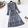 Spring Stand Collar Floral Print Women Dress Lace Up Female Pleated Dress Summer Party Midi Chiffon Vestidos femme 2022