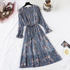 Spring Stand Collar Floral Print Women Dress Lace Up Female Pleated Dress Summer Party Midi Chiffon Vestidos femme 2022