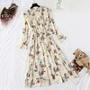 Spring Stand Collar Floral Print Women Dress Lace Up Female Pleated Dress Summer Party Midi Chiffon Vestidos femme 2022
