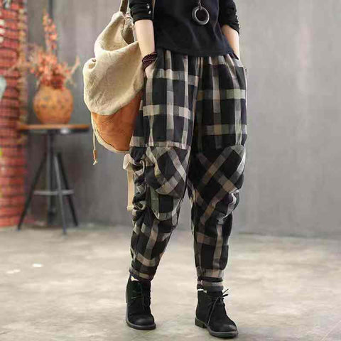 Spring Summer Arts Style Women Elastic Waist Harem Pants Vintage Cotton Linen Plaid Pants Loose Female Trousers Plus Size D414