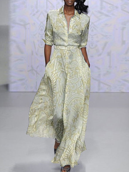 Spring Summer Print Lapel Long Dress Ladies Elegant V-Neck Slim Waist Double Pocket Dress Women 2023 Office Dress