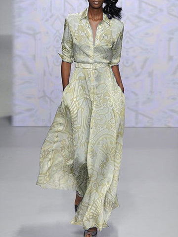 Spring Summer Print Lapel Long Dress Ladies Elegant V-Neck Slim Waist Double Pocket Dress Women 2023 Office Dress