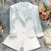 Spring Summer Ladies Blazers Now Beaded Mesh Three-Quarter Sleeves Single Breasted Suit Women's Clothes Casual Chic Tops