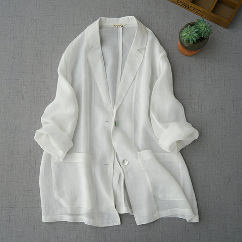 Spring Summer s Women Casual All-match Loose Japanese Style Brief Comfortable Sunscreen Thin Ramie White Blazer Coats