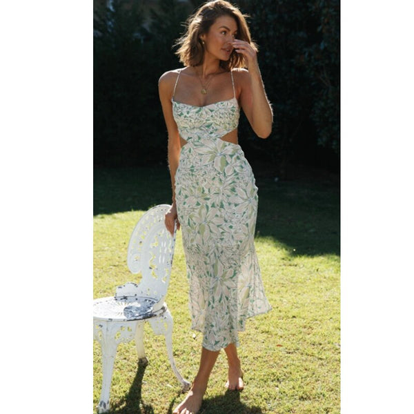 Spring Summer Small Floral Print Backless Lace Up Sweet Sling Elegant Maxi Dress 2023