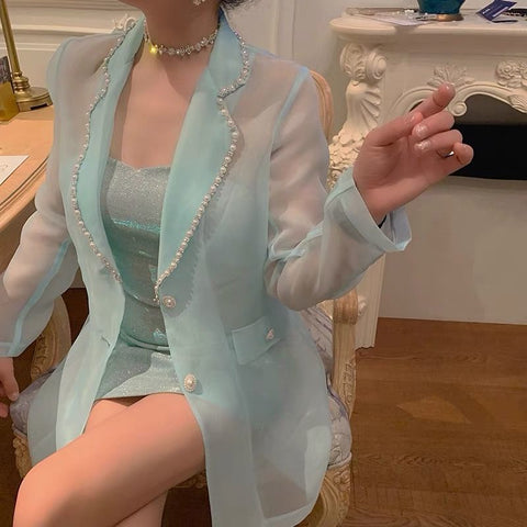 Spring Summer Perspective Gauze Spliced Blazers Sexy Pearls Beaded Suits Jacket Turn Down Collar OL Cardigan Buttons Crop Tops