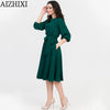 Spring Summer Soild Lantern Sleeve A-Line Dress Women Elegant O-Neck Half Sleeve Pocket Sashes Casual Dress Vintage Vestidos