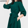 Spring Summer Soild Lantern Sleeve A-Line Dress Women Elegant O-Neck Half Sleeve Pocket Sashes Casual Dress Vintage Vestidos