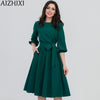 Spring Summer Soild Lantern Sleeve A-Line Dress Women Elegant O-Neck Half Sleeve Pocket Sashes Casual Dress Vintage Vestidos