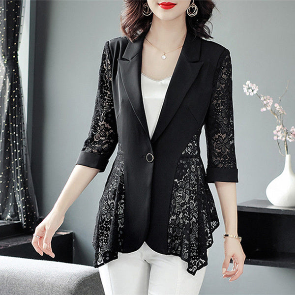 Spring Summer Women 3/4 Sleeve  Black Sun Protection Clothing Sexy Hollow Lace Slim Blazer Office Ladies Work Wear E117