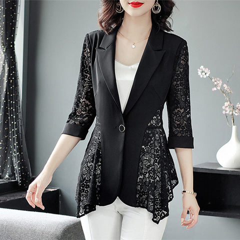 Spring Summer Women 3/4 Sleeve  Black Sun Protection Clothing Sexy Hollow Lace Slim Blazer Office Ladies Work Wear E117