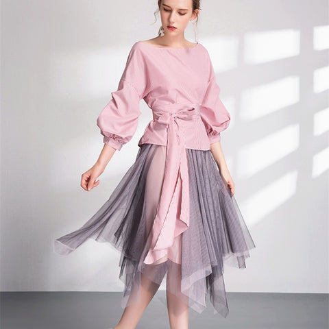 Spring Summer Women Clothing Set Slash Neck Lantern Sleeve Stripped Blouses Crop Big Bows Tops+ Nesh Irregular Skirts Suit NS316