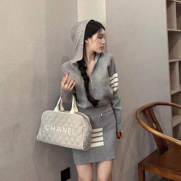 Spring TB Sweater Skirt High Waist Skirt Waffle Half Zipper Knit Hoodie Package Hip Short Skirt Suit Women