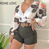 Spring V Neck Tropical Print Long Sleeve Top & Shorts Set Women Sets  2 Piece Set