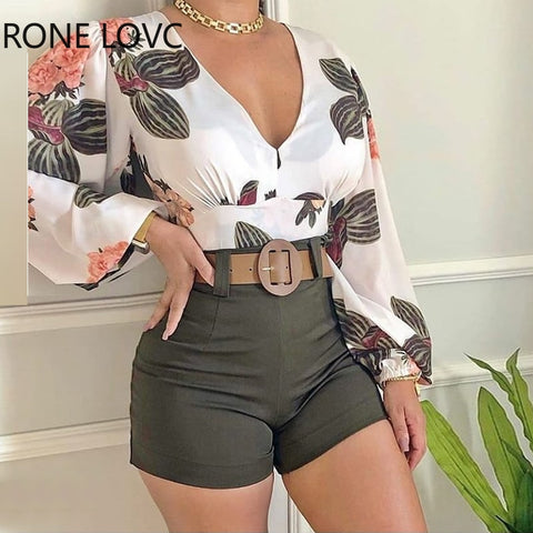 Spring V Neck Tropical Print Long Sleeve Top & Shorts Set Women Sets  2 Piece Set