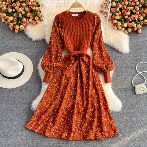 Spring Vintage Puff sleeve Print Floral Dress Knitted Patchwork High Waist A-Line Party Dress Elegant Bandage Dresses Women 2023