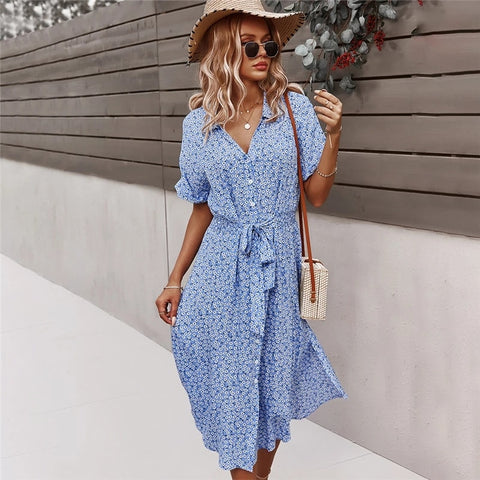 Spring Women Bandage Dress Summer 2023 Casual Floral Print Beach Dress Vintage Button Holiday Ladies Chic Dresses Vestidos