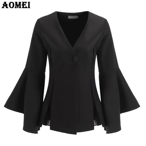 Spring Women Blazer Summer Fashion Suit Pleated Trim Black Flare Sleeves Office Ladies Clothing Fall New with One Button Blasers