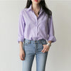 Spring Women Blouse Striped Turn-down Collar Office Lady Tops Full Sleeve Women Shirts Light Purple Female Tops blusas