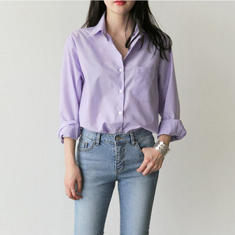 Spring Women Blouse Striped Turn-down Collar Office Lady Tops Full Sleeve Women Shirts Light Purple Female Tops blusas