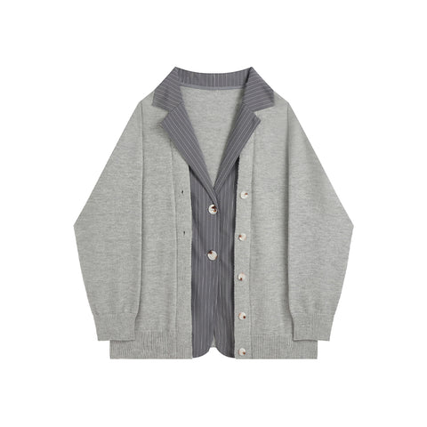 Spring Women Chic Design Sweater Coat Strip Suit Collar Stitch Grey Single-Breasted Tops Lady Knit Fake Two-piece Cardigan