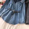 Spring Women Denim Blouse with Belt Elegant Long Sleeve Patchwork Fake Two Piece Blouses Jeans Shirts Loose Tops Blusas Mujer