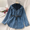 Spring Women Denim Blouse with Belt Elegant Long Sleeve Patchwork Fake Two Piece Blouses Jeans Shirts Loose Tops Blusas Mujer