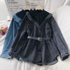 Spring Women Denim Blouse with Belt Elegant Long Sleeve Patchwork Fake Two Piece Blouses Jeans Shirts Loose Tops Blusas Mujer