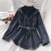 Spring Women Denim Blouse with Belt Elegant Long Sleeve Patchwork Fake Two Piece Blouses Jeans Shirts Loose Tops Blusas Mujer