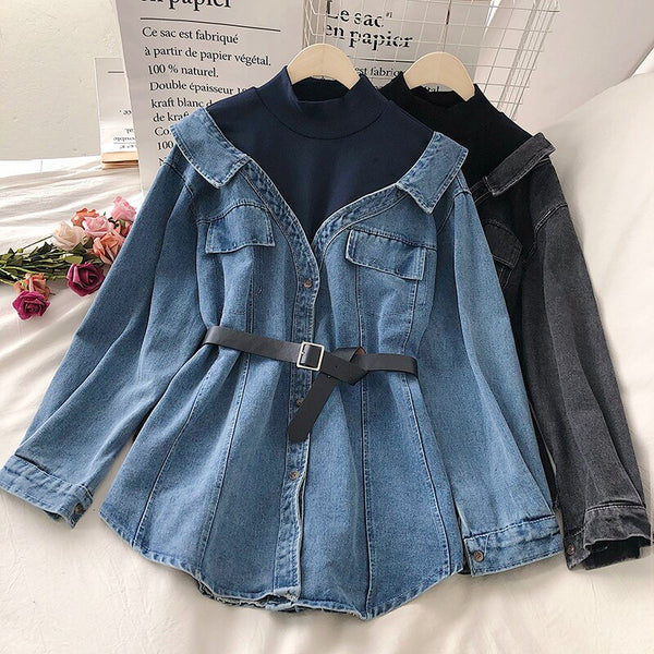Spring Women Denim Blouse with Belt Elegant Long Sleeve Patchwork Fake Two Piece Blouses Jeans Shirts Loose Tops Blusas Mujer